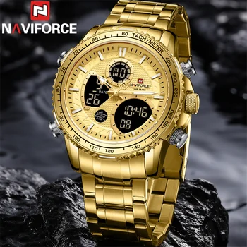 NAVIFORCE Watch Men Top Brand Luxury Gold Stainless Steel Sport Male Clock Digital Quartz Original Waterproof Wristwatch 9182