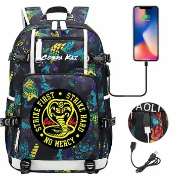 Boys чанта високо качество аниме Cobra Kai училищни чанти за тийнейджърки USB зареждане раници жени Bookbag мъже пътуване лаптоп чанта