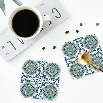 Средиземноморски мозаечни плочки Azulejos подложки кожени подложки водоустойчива изолация кафе мат дома кухня трапезария подложка комплект от 4