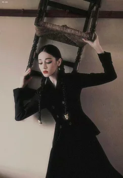 Висококачествено пролетно двуредно яке за дамска мода черно копринено палто жени елегантен тънък вълнен блейзър