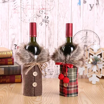 Коледа декоративни карирани вино бутилка комплект празник декоративни подпори лък възел бельо кожа врата червено вино бутилка