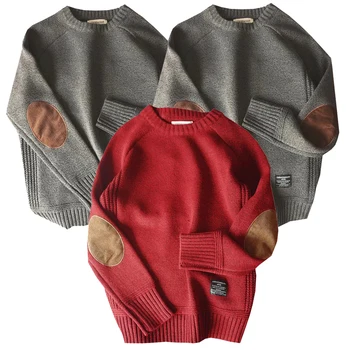 Crew-Neck пуловер за мъже, кръпка кърпа, реколта пуловер, дебели трикотаж, есен и зима, плюс размер, ден тенденция
