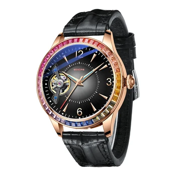 Модни мъже Автоматичен механичен Tourbillon часовник водоустойчив мъжки часовник от естествена кожа 316L стоманени часовници за мъже