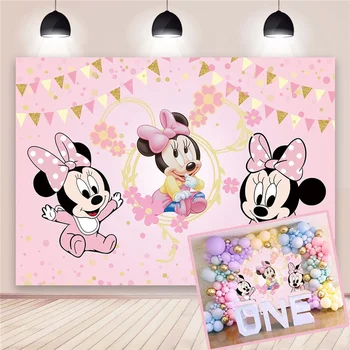 Disney Lovely Pink Minnie Mouse Theme Party Backdrop Cartoon Decoration Girls Birthday Party Pink Glitter Photography Background