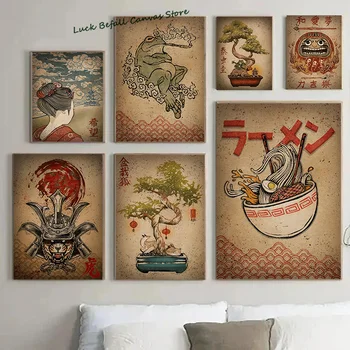 Реколта Япония художествени плакати и щампи ретро японски бонсай жаба Ramen Splash вълк самурай платно живопис стенопис за дома декор