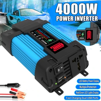 4000W Y4000-Blue кола мощност инвертор DC 12V към AC 110 / 220V чист синусоида 2 USB LCD дисплей батерия клипове щепсел кабел