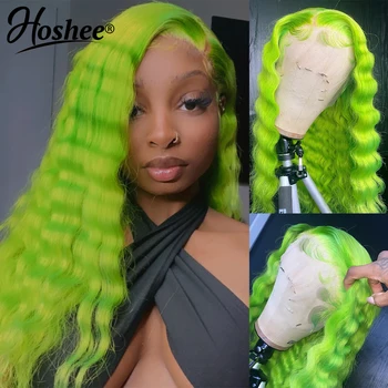 13x6 HD дантелена перука зелена дантела предна перука човешка коса дълбока вълна фронтална коса перуки за жени флуоресцентни зелени косплей перуки предварително скубане