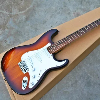 2023 Нова специална сделка, 3TS цвят ST електрическа китара, твърдо тяло, фретборд от палисандрово дърво, бял PickGuard, SSH пикапи