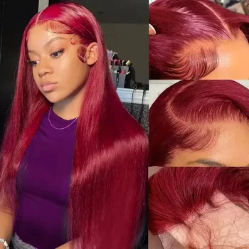 99J Бургундска дантелена фронтална перука Човешка коса 13X4 Права червена оцветена прозрачна HD дантела Фронтални перуки за човешка коса за жени