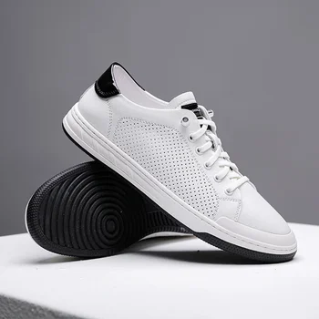 Мъжки ежедневни обувки Удобни кожени бели обувки Устойчиви на износване плоски маратонки Мода Класически лайфстайл обувки