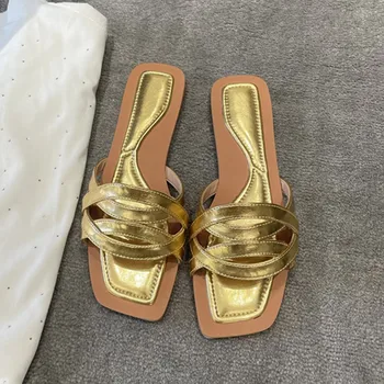 Изсъхнали модни дами елегантен квадратен пръст отворени чехли жени летни дамски обувки плоски златни ретро ежедневни сандали