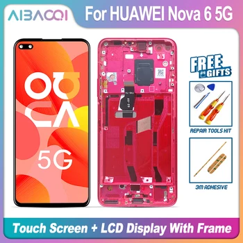 AiBaoQi чисто нов сензорен LCD дисплей + рамка + захранващ кабел монтаж замяна за HUAWEI Nova 6 5G STK-LX1