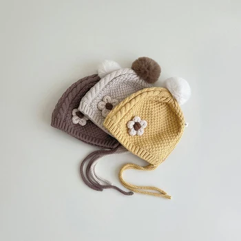 нов сладък цвете бебе момиче шапка зимна пролет топло трикотажни ухо защита новородено малко дете момиче шапки шапки шапки