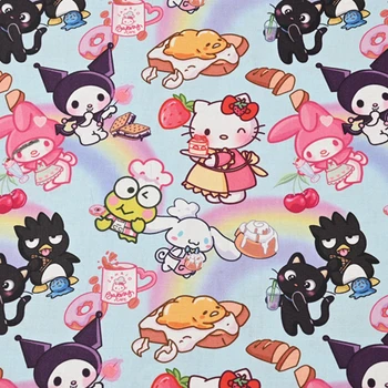wide110cm семейство Санрио Hello Kitty Melody Памучен плат Отпечатан плат Шевни тъкани за прошиване Пачуърк DIY Ръчно изработена материя