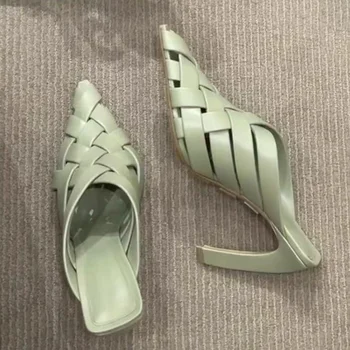 Плътен цвят високи токчета тъкат чехли дами заострени пръсти плитки мулета луксозна марка дизайн летни помпи обувки за жени