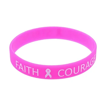 Awareness Ribbon Hope Strength Faith Courage Pink Silicone Wristband Гумени маншети Гривни