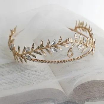 Реколта злато цвят лента за глава шлем листа тиара корона за булки кристали лента за коса сватбени аксесоари булчински бижута за коса