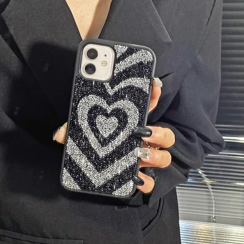 Мода инкрустирани диамантени ивици любов сърце блясък телефон случай за iPhone 14 12 13 Pro Max мека удароустойчива защита задния капак