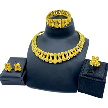 Дубай Колие мода бижута комплекти за жени кристал гривна кухи обеци чар булчински парти пръстен сватбени аксесоари