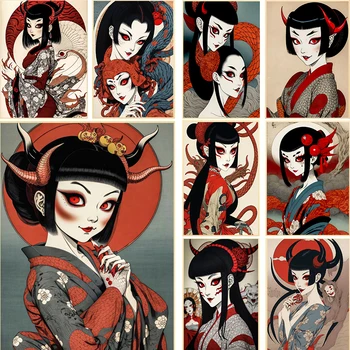Реколта японски Yokai плакат портрет на демон момиче стена изкуство платно живопис отпечатъци картини за дома хол декор Cuadros