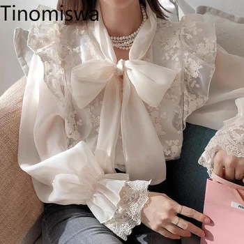 Tinomiswa Bow Knot Lace Up Sweet Blouse Women Long Sleeve Fashion All-match Shirts Female Korean Chic Spring Vetement Femme