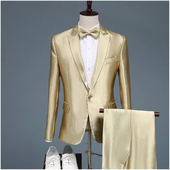 Най-новият лъскав златен мъжки костюм 2 броя луксозен тънък годни сватба мъж младоженец нетактичност комплекти костюм Homme абитуриентски парти модерен яке панталони