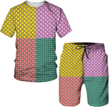 2023 Летни мъжки 3D печат тройници/шорти/комплекти реколта цвят блок пачуърк къс ръкав тениска случайни хип-хоп двойка спортен костюм