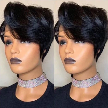Кратко Боб естествен цвят прави човешки перуки с бретон бразилски девствена коса Pixie нарязани перука евтини човешка коса перука за черни жени