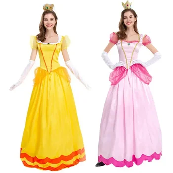 2024 Нов CosDaddy принцеса праскова косплей костюм възрастни жени жълта рокля розови поли момичета Хелоуин карнавал костюм