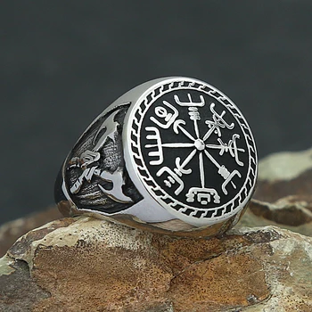 Реколта неръждаема стомана викингски компас пръстен за мъже момчета скандинавски викинг двойна брадва пръстени мода скандинавската митология бижута подаръци