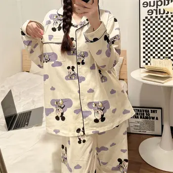Популярни карикатура Дисни Мики памук пижами Жените пролет дълъг ръкав сладък студент момиче жилетка Homewear костюм