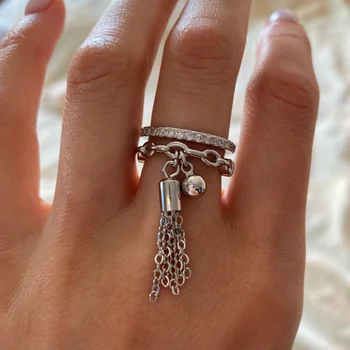 Реколта прост пискюл регулируеми пръстени сребърен цвят верига висулка циркон пръстен романтични геометрични пръстени жени момиче пръст бижута