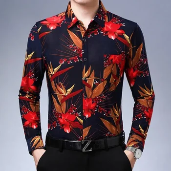 Y2k мода мъже реколта цвете риза пролет есента тънък дълъг ръкав улично облекло мъжки нов корейски случайни джоб хлабав бизнес върховете