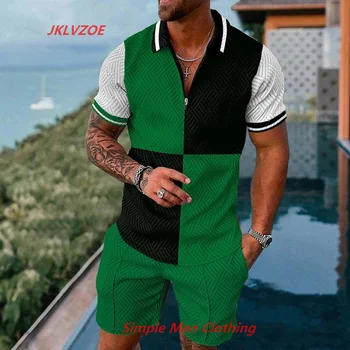 Мъжка ревера поло риза + шорти 2 парче комплект меки удобни модни райета виждат през модел спортно облекло високо качество костюм