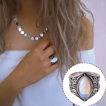 бохемски стил овален лунен камък пръстен реколта сребърен цвят голям камък пръст пръстени за жени момичета сватбена група бижута подарък