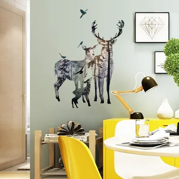Семейство елени Горски стикери за стена Всекидневна Декорация на спалнята 3d карикатура животински стенопис изкуство DIY Начало Decal