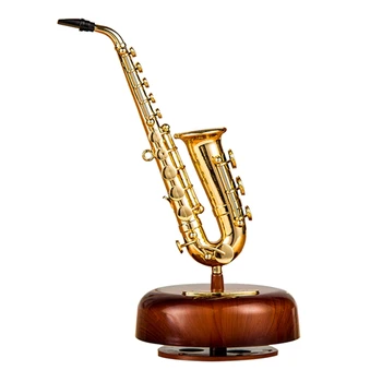 Саксофонна музикална кутия Класическа въртяща се музикална кутия Въртяща се основа Месингов духов инструмент Миниатюрен подарък за изкуство