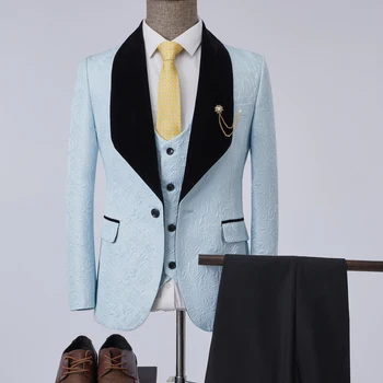 Костюм Homme Mariage Официална мода Sky Blue Slim Fit костюми за мъже 3PCS младоженец сватбен костюм Tuxedo 2023 Най-новият дизайн на палто