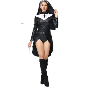 жени косплей костюм Хелоуин парти секст униформи сестра wetlook монахиня костюм Хелоуин косплей фантазия черна рокля