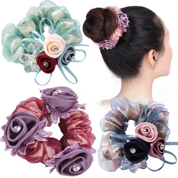 Мода роза цвете коса ластици лента за коса за жени елегантен кристал конска опашка притежателя коса въже шапка аксесоари за коса
