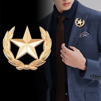 Нова мода петолъчна звезда брошки значка метална пшеница ревера ПИН мъжки костюм риза яка облекло аксесоари