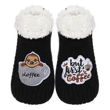 Animal Series Slipper Socks/Super Cozy Black Fuzzy Indoor Socks/Fleece-lined Home Socks with Grippers,Sloth Coffee