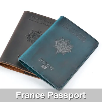 естествена кожа Френски паспорт покритие за Франция Унисекс ретро притежател на кредитна карта Френски паспорт случай пътуване портфейл чанта за съхранение