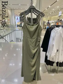 2023 Магазин Базалеи Traf Дамски рокли Зелена сатенена рокля Дълга рокля Елегантна Beaded's Backless секси парти Официален