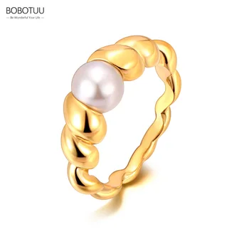 BOBOTUU Творчески реколта симулирани перлени сватбени пръстени за жени от неръждаема стомана геометрична спирала модерен парти бижута BR23069