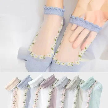 10pairs/lot Жените ултра-тънки прозрачни кристални копринени чорапи еластични Harajuku Streetwear личност флорални печат чорапи