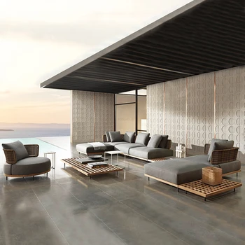 Nordic открит градински мебели комплекти масивна дървесина ратан диван дома отдих вътрешен двор мебели B &B вила луксозен диван стол комбинация