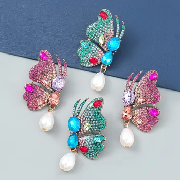 Луксозни цветни кристални кристални пеперуди перлени обеци за жени Висококачествени аксесоари за банкетно парти Декларация Бижута