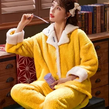 Спално облекло Костюми за домашно облекло с дълги ръкави Момичешки комплекти Loung пижами Пижами Mujer Femme Есен Зима Пижама Нощна пижама Жени