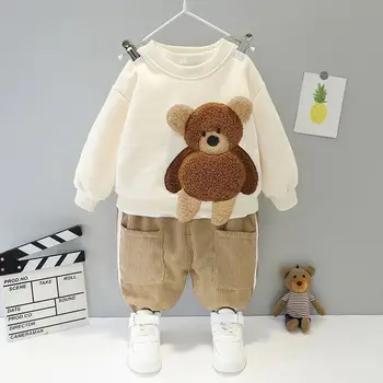 Корейски детски пролетни спортни облекла сладък малък мечок пуловер спортно облекло за момичета, носещи свободни памучни панталони за момчета